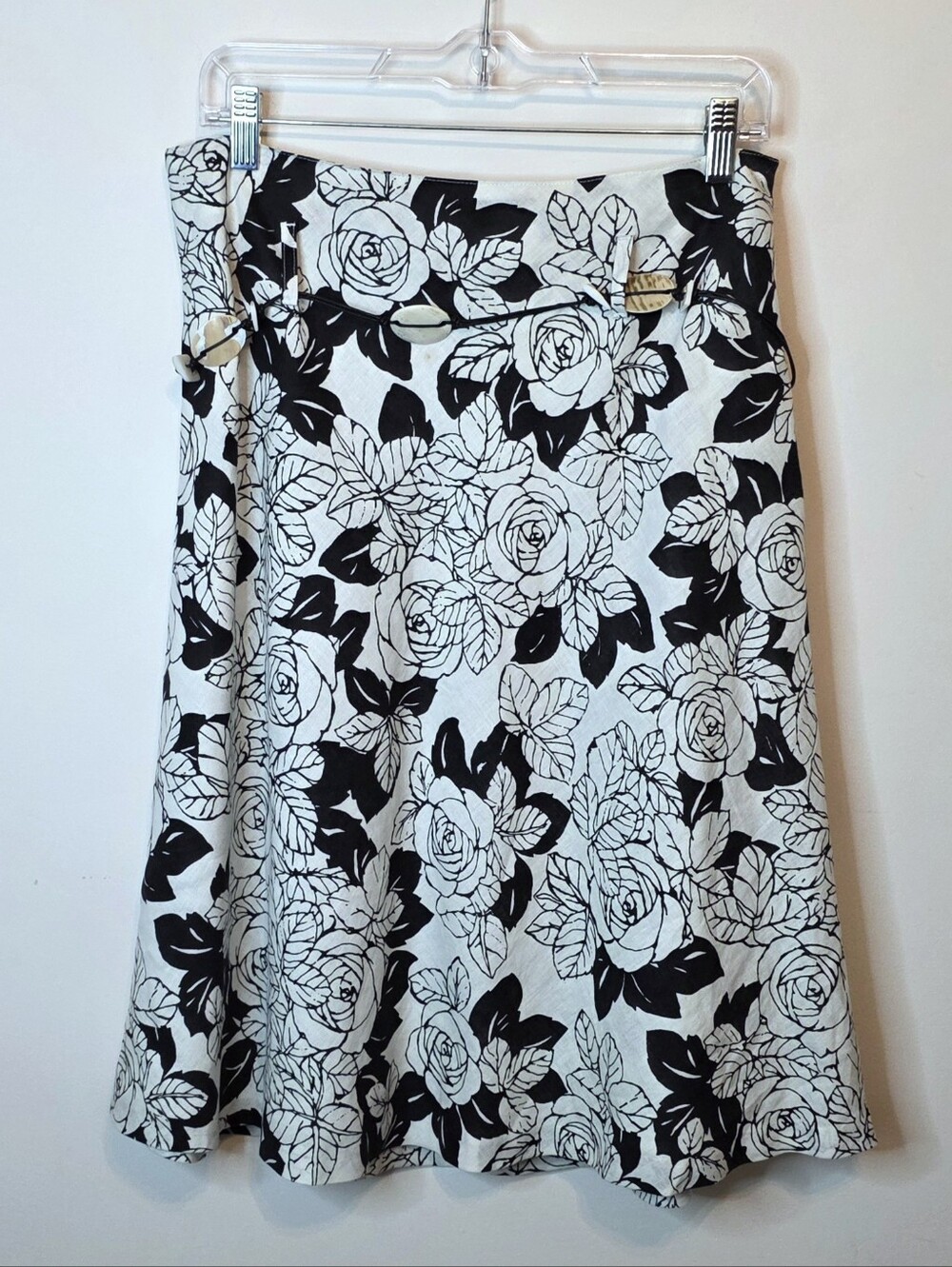 Nine & Company Floral Black White Linen Blend A-Line Skirt Size 8 Whimsical